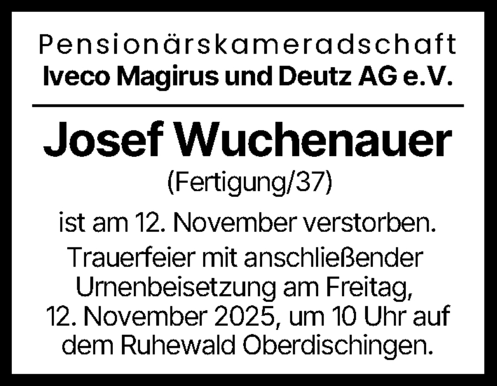 Traueranzeige von Josef Wuchenauer von Neu-Ulmer Zeitung, Günzburger Zeitung, Illertisser Zeitung