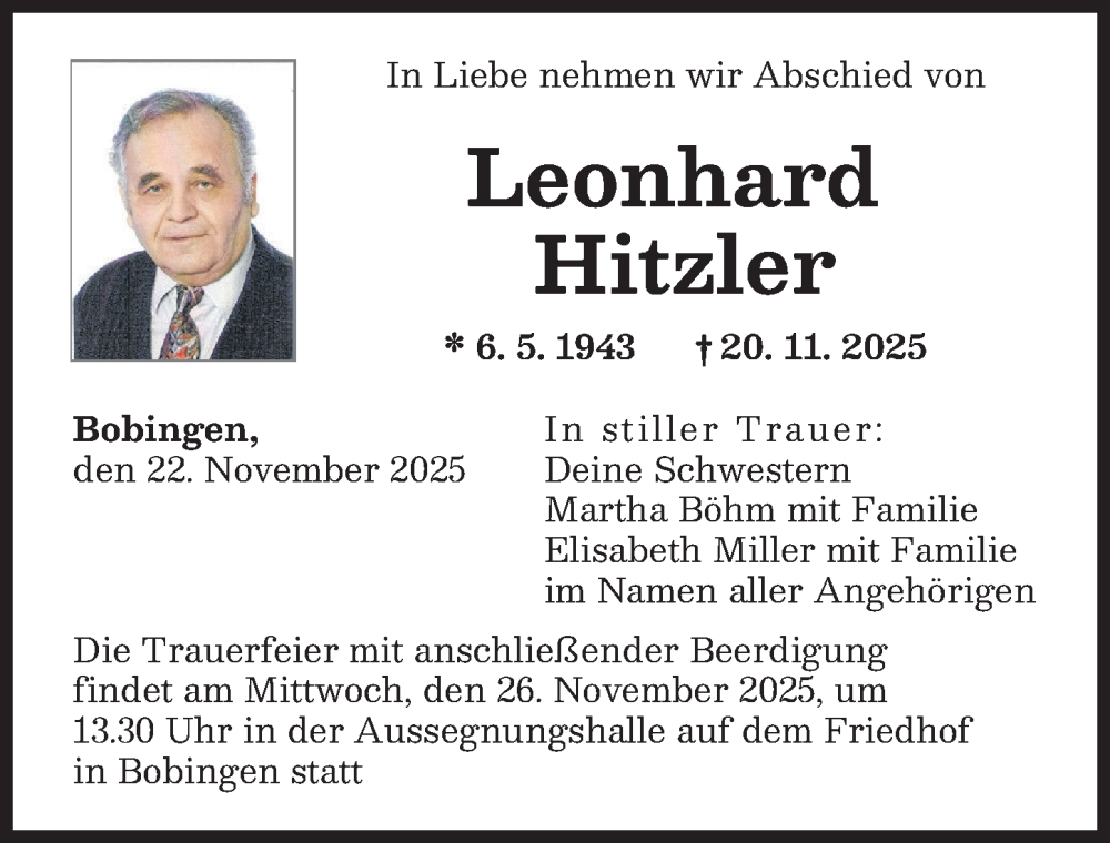 Traueranzeige von Leonhard Hitzler von Augsburger Allgemeine, Schwabmünchner Allgemeine