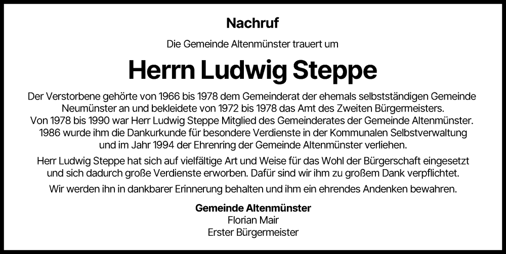 Traueranzeige von Ludwig Steppe von Augsburg-Land