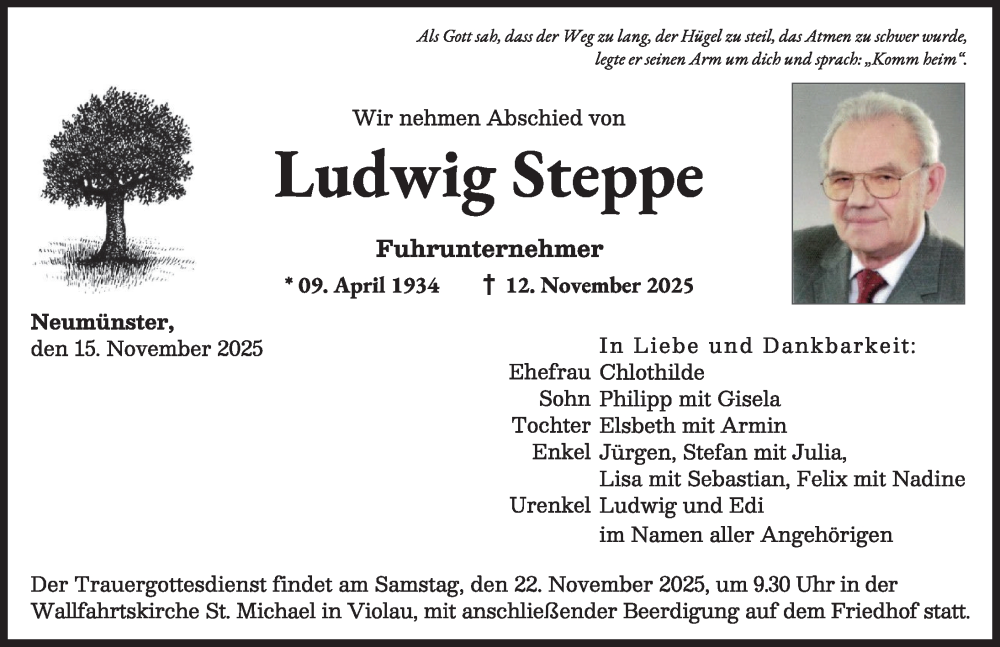Traueranzeige von Ludwig Steppe von Augsburger Allgemeine