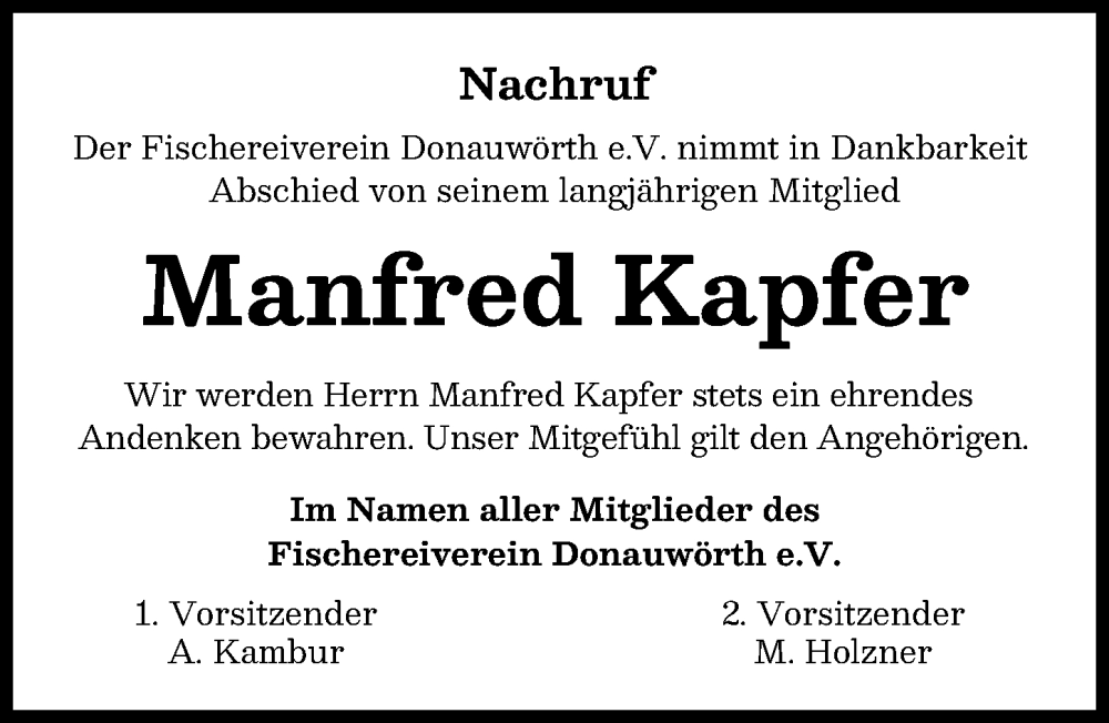 Traueranzeige von Manfred Kapfer von Donauwörther Zeitung