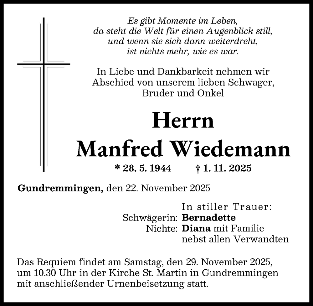 Traueranzeige von Manfred Wiedemann von Günzburger Zeitung