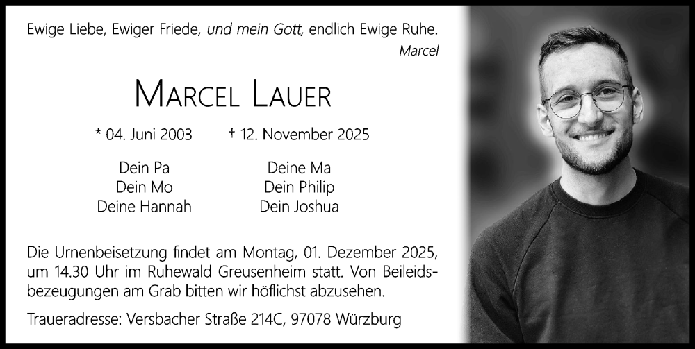  Traueranzeige für Marcel Lauer vom 22.11.2025 aus Donauwörther Zeitung