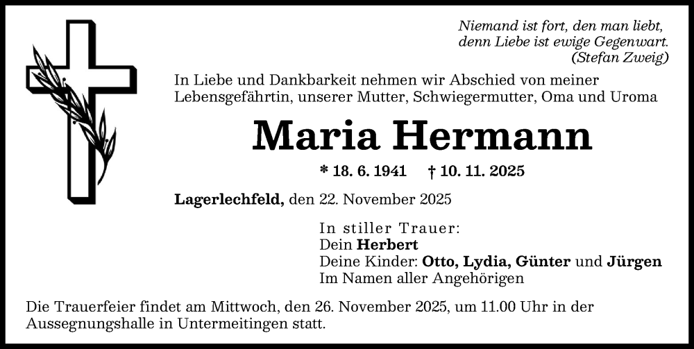 Traueranzeige von Maria Hermann von Schwabmünchner Allgemeine