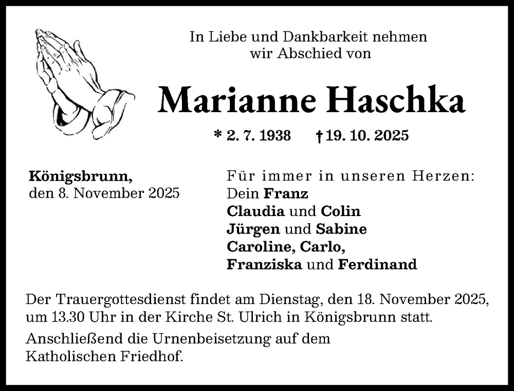 Traueranzeige von Marianne Haschka von Schwabmünchner Allgemeine
