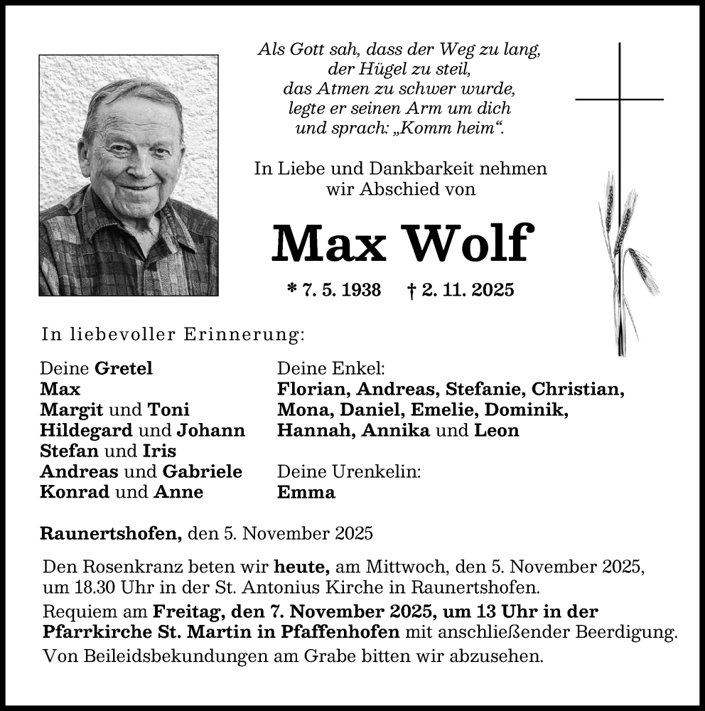 Traueranzeige von Max Wolf von Neu-Ulmer Zeitung, Günzburger Zeitung