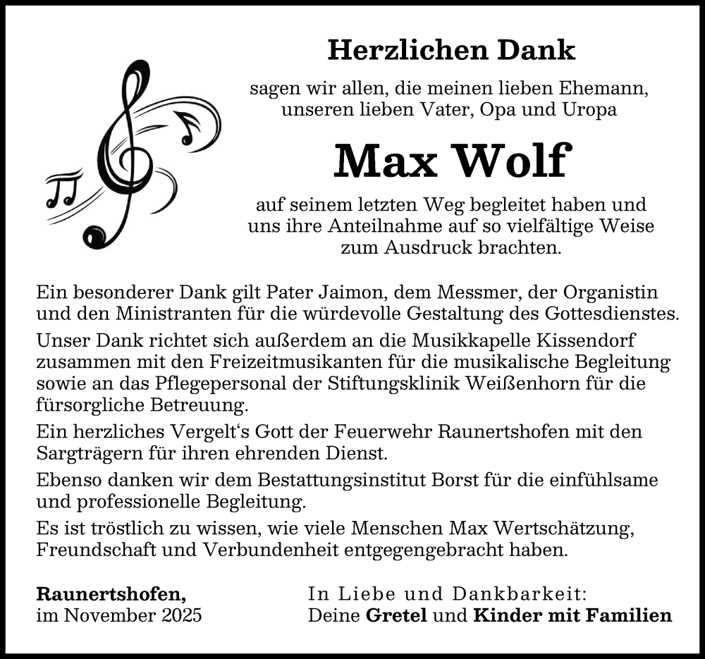 Traueranzeige von Max Wolf von Neu-Ulmer Zeitung, Günzburger Zeitung