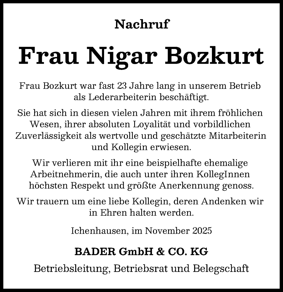 Traueranzeige von Nigar Bozkurt von Günzburger Zeitung