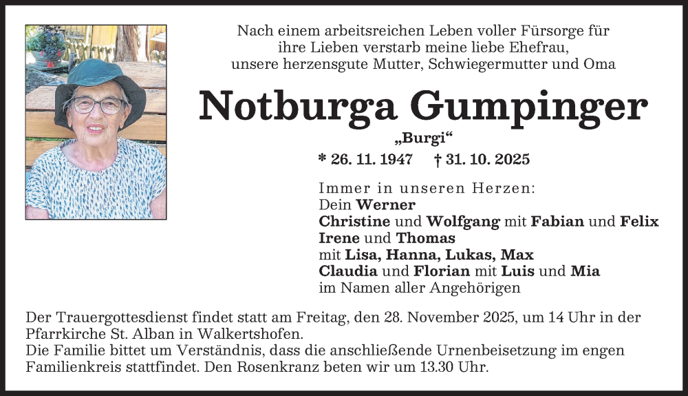 Traueranzeige von Notburga Gumpinger von Schwabmünchner Allgemeine, Mittelschwäbische Nachrichten