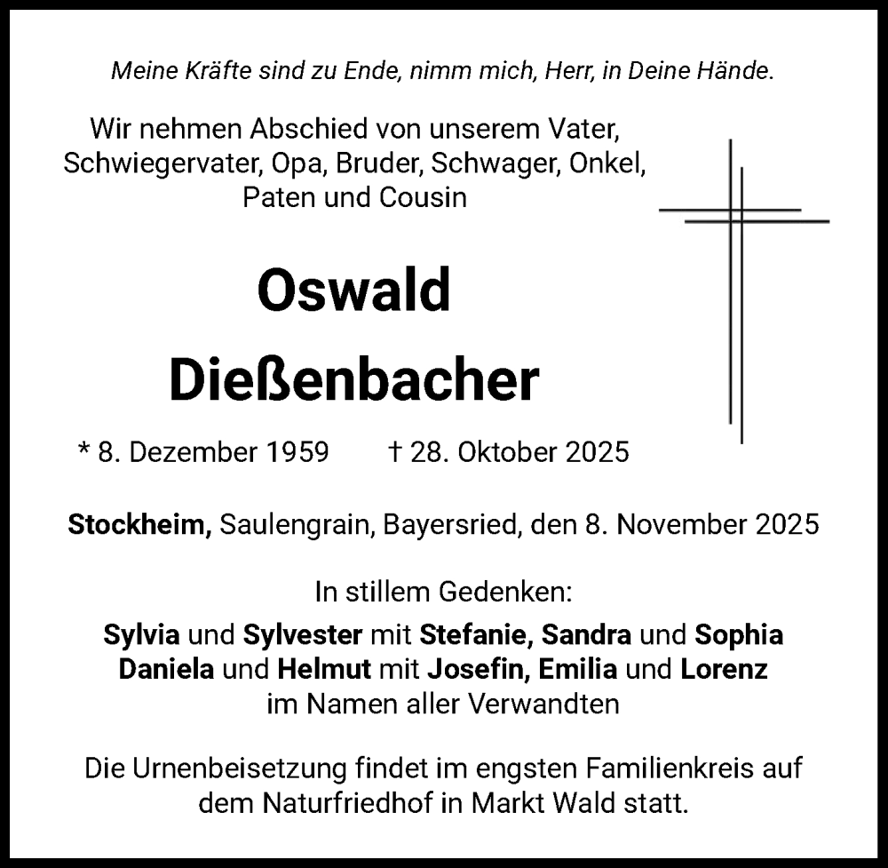 Traueranzeige von Oswald Dießenbacher von Mindelheimer Zeitung, Schwabmünchner Allgemeine