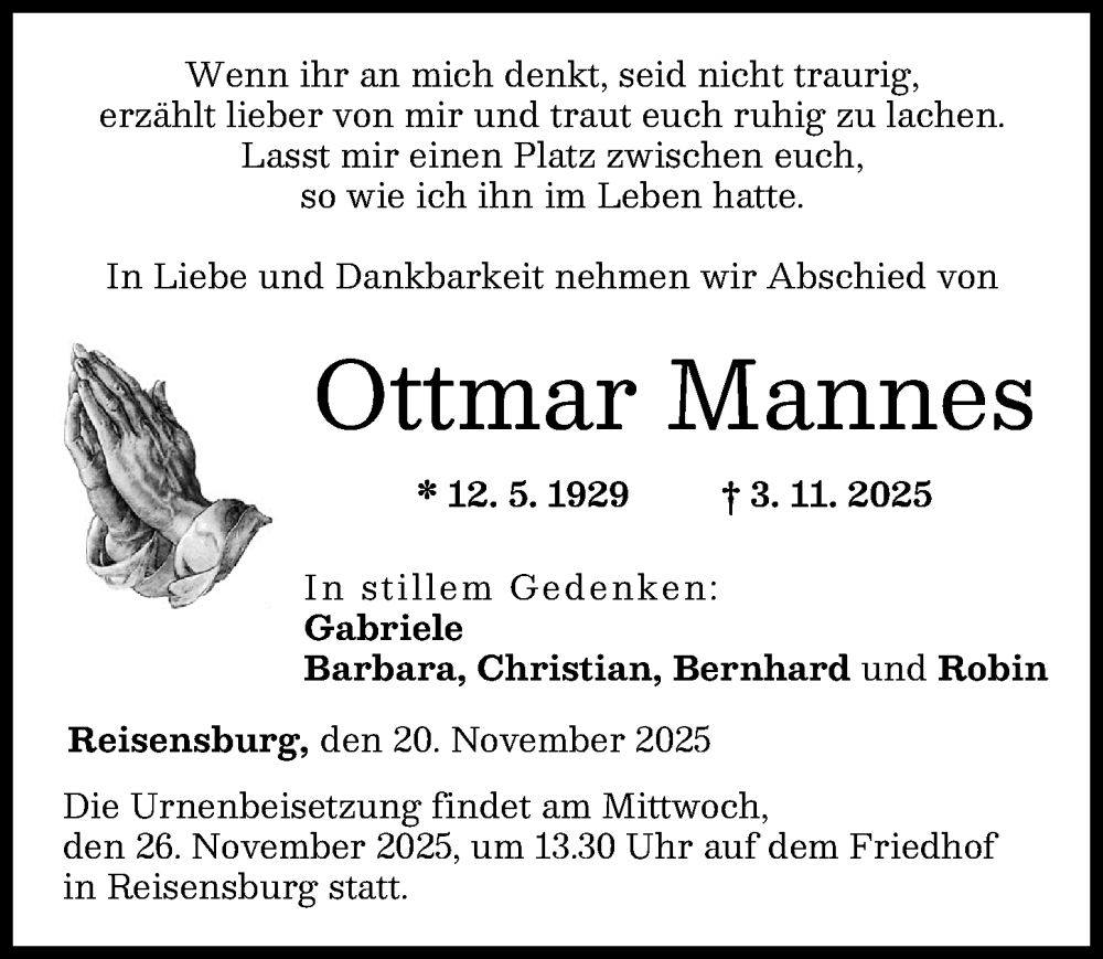  Traueranzeige für Ottmar Mannes vom 20.11.2025 aus Günzburger Zeitung