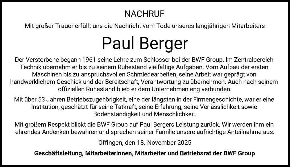 Traueranzeige von Paul Berger von Günzburger Zeitung