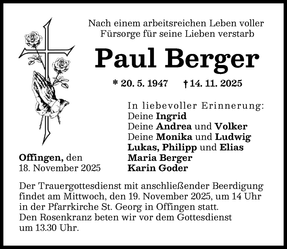 Traueranzeige von Paul Berger von Günzburger Zeitung