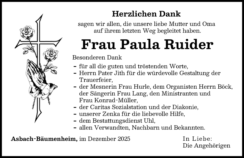  Traueranzeige für Paula Ruider vom 01.12.2025 aus Donauwörther Zeitung