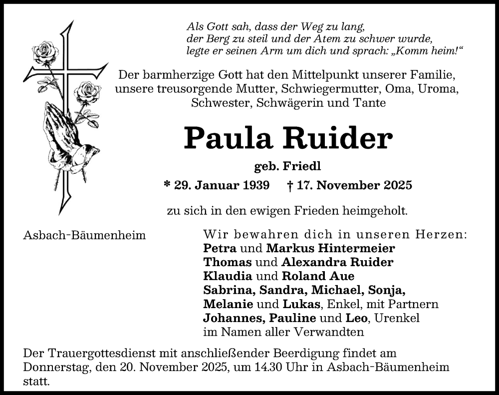  Traueranzeige für Paula Ruider vom 18.11.2025 aus Donauwörther Zeitung