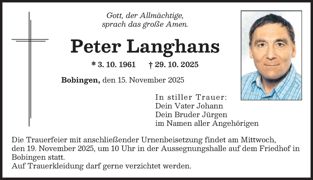  Traueranzeige für Peter Langhans vom 15.11.2025 aus Augsburger Allgemeine