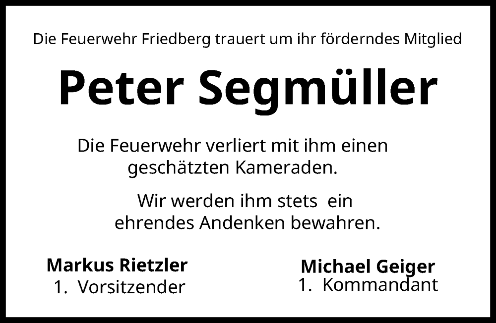 Traueranzeige von Peter Segmüller von Friedberger Allgemeine