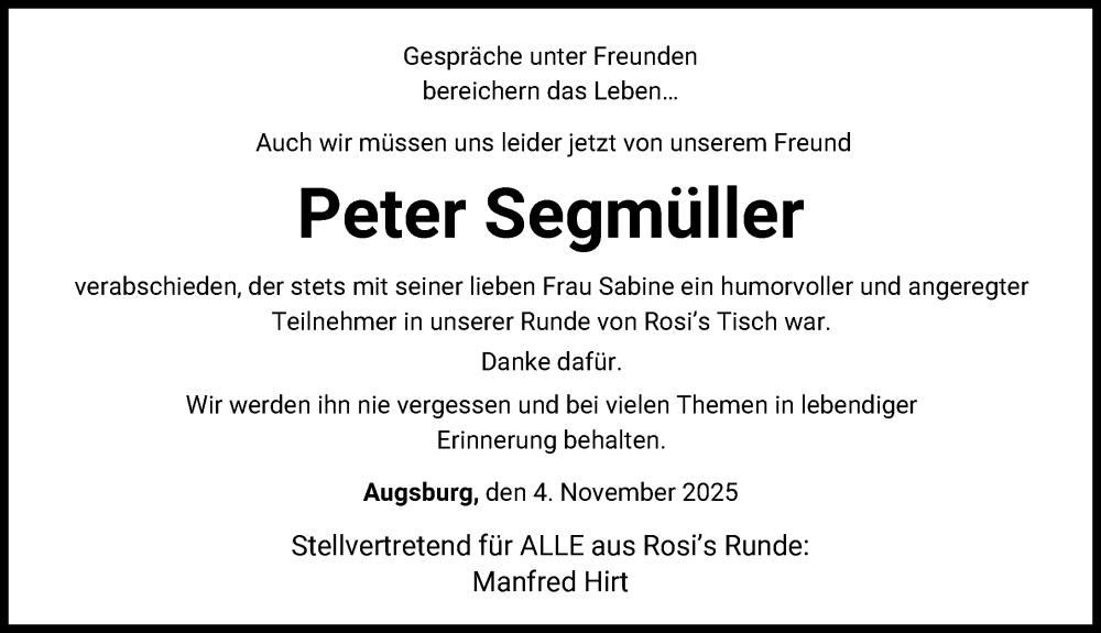 Traueranzeige von Peter Segmüller von Augsburger Allgemeine
