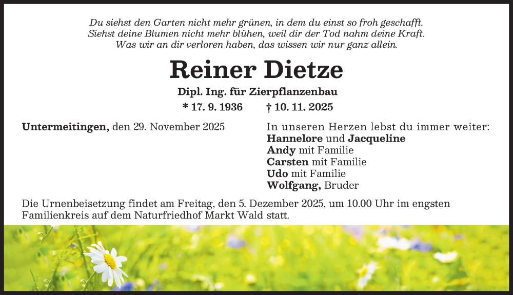 Traueranzeige von Reiner Dietze von Schwabmünchner Allgemeine