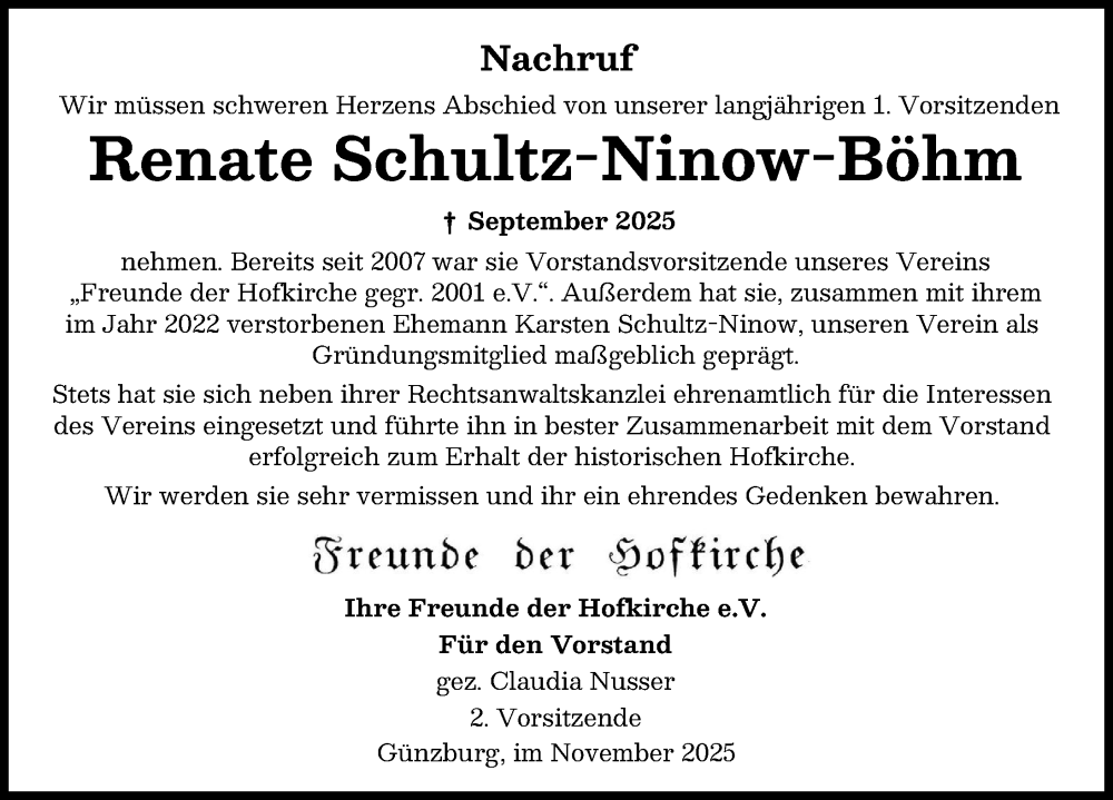 Traueranzeige von Renate Schultz-Ninow-Böhm von Günzburger Zeitung