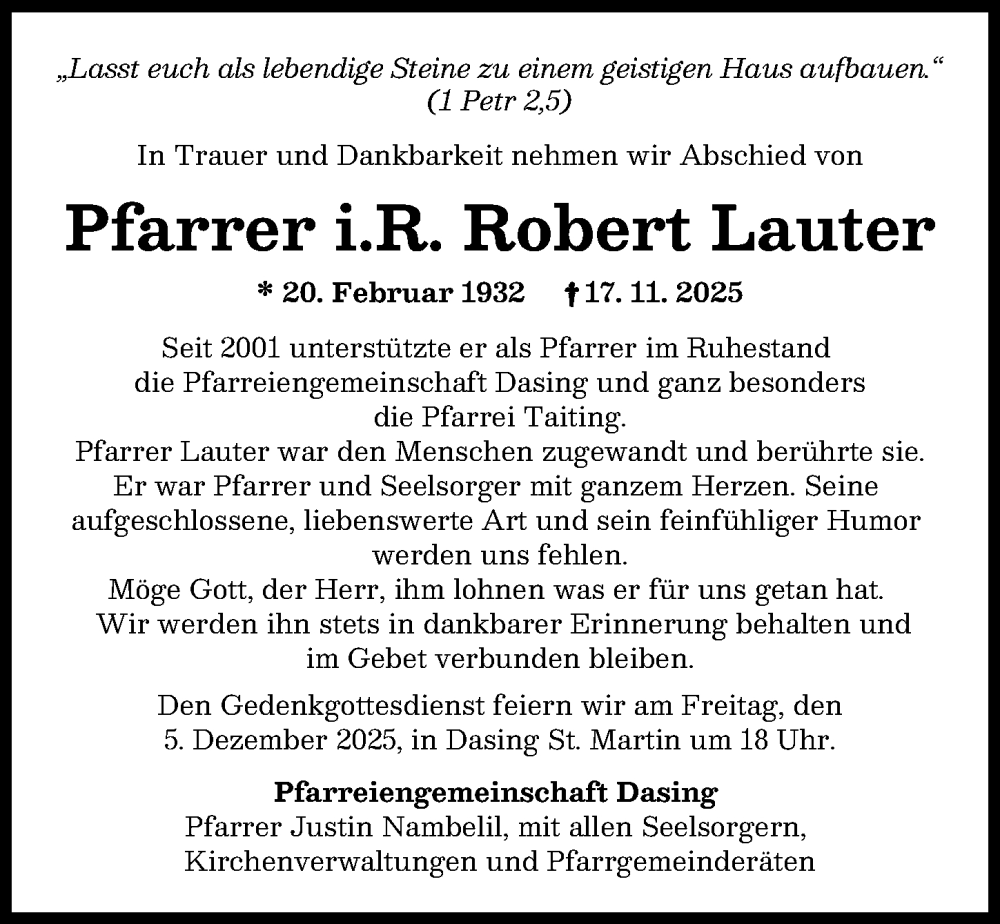 Traueranzeige von Robert Lauter von Friedberger Allgemeine