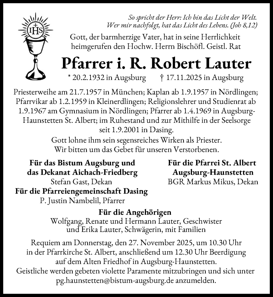 Traueranzeige von Robert Lauter von Augsburger Allgemeine