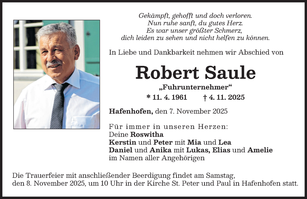 Traueranzeige von Robert Saule von Donau Zeitung, Augsburg-Land, Günzburger Zeitung, Mittelschwäbische Nachrichten