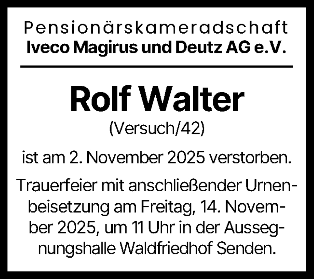 Traueranzeige von Rolf Walter von Neu-Ulmer Zeitung, Günzburger Zeitung, Illertisser Zeitung