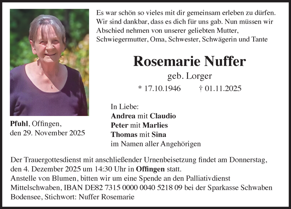 Traueranzeige von Rosemarie Nuffer von Günzburger Zeitung