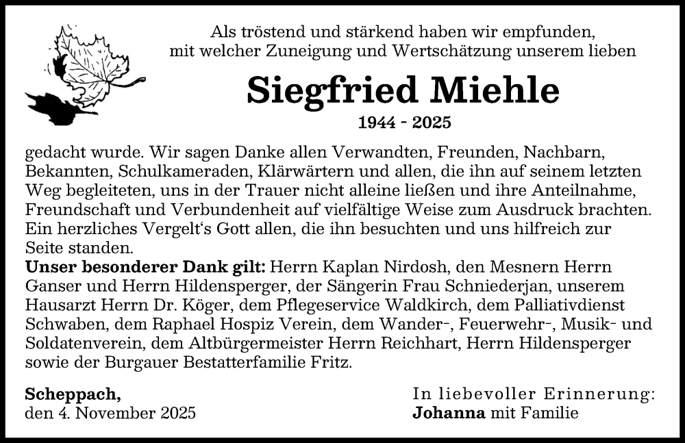 Traueranzeige von Siegfried Miehle von Günzburger Zeitung