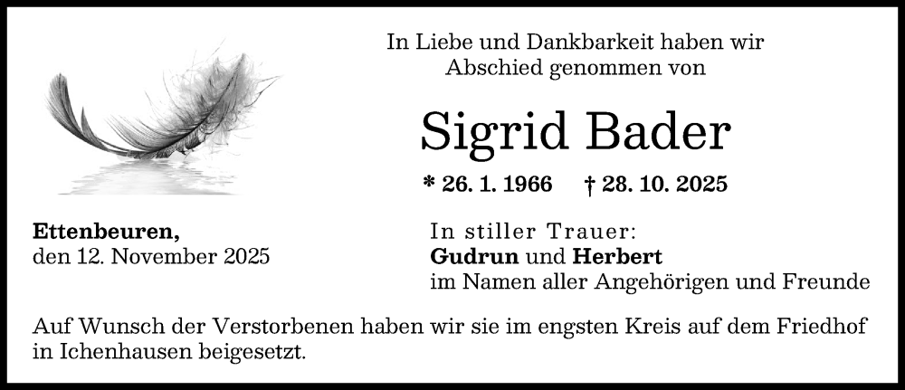  Traueranzeige für Sigrid Bader vom 12.11.2025 aus Günzburger Zeitung