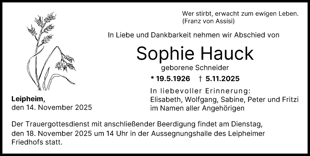  Traueranzeige für Sophie Hauck vom 14.11.2025 aus Günzburger Zeitung
