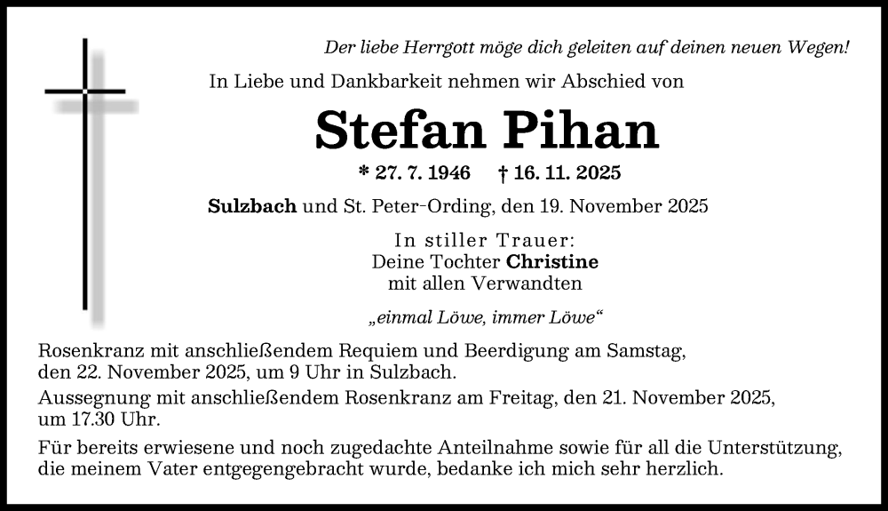  Traueranzeige für Stefan Pihan vom 19.11.2025 aus Aichacher Nachrichten