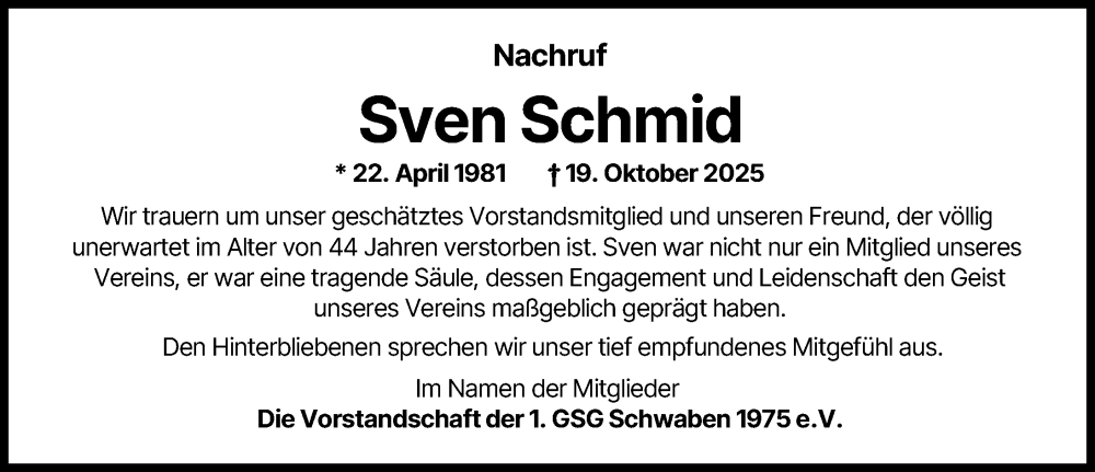 Traueranzeige von Sven Schmid von Günzburger Zeitung