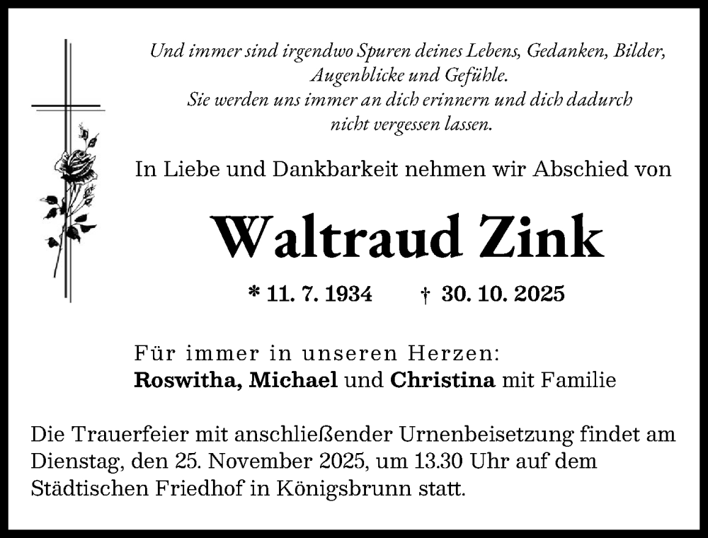 Traueranzeige von Waltraud Zink von Schwabmünchner Allgemeine