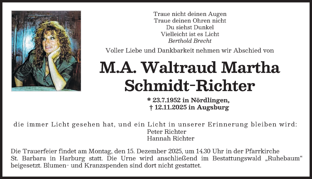 Traueranzeige von Waltraud Martha Schmidt-Richter von Augsburger Allgemeine