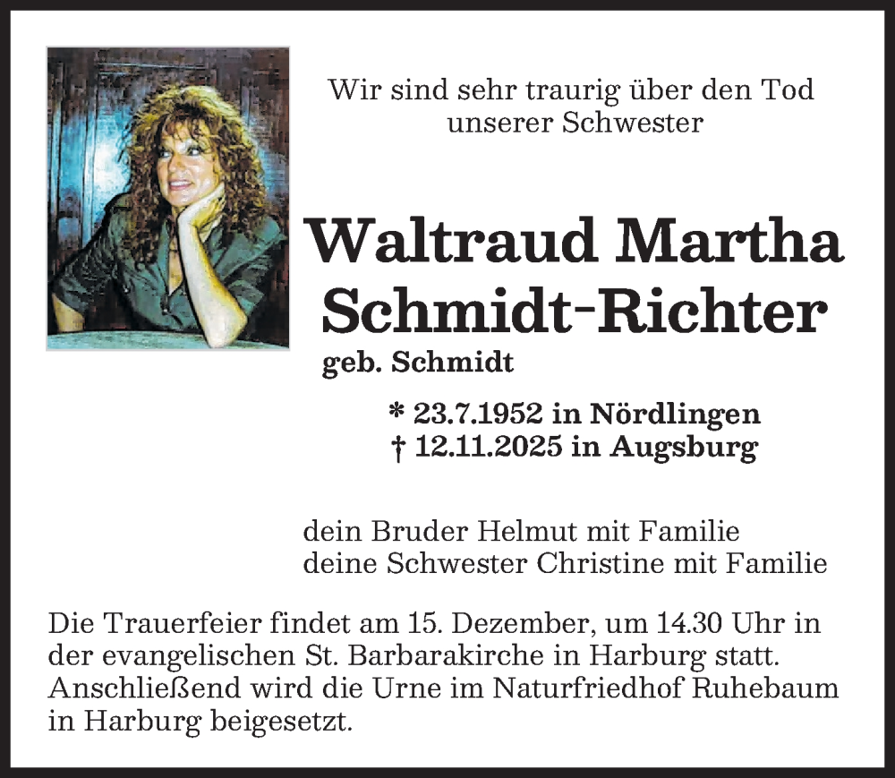 Traueranzeige von Waltraud Martha Schmidt-Richter von Rieser Nachrichten, Donauwörther Zeitung