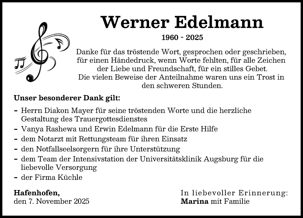 Traueranzeige von Werner Edelmann von Günzburger Zeitung