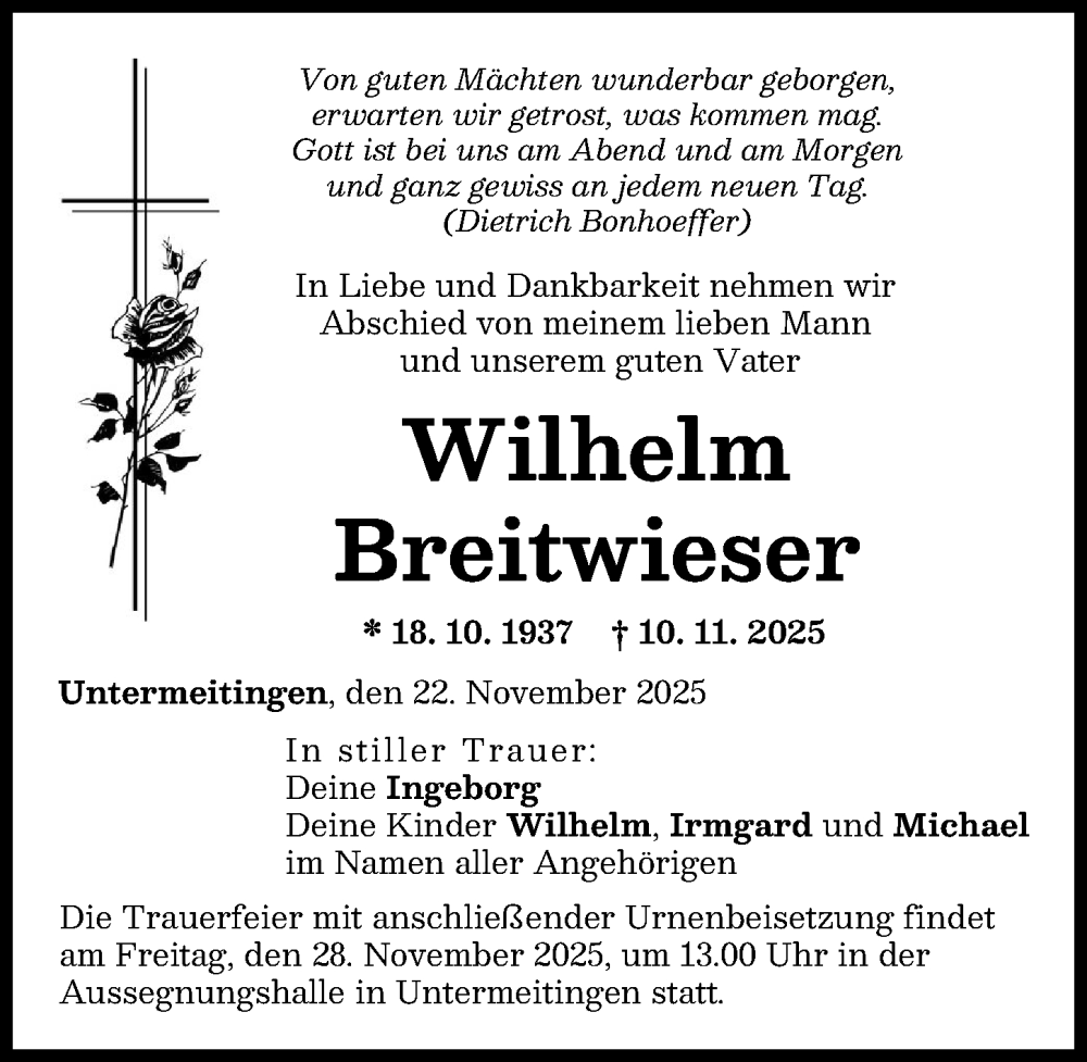 Traueranzeige von Wilhelm Breitwieser von Schwabmünchner Allgemeine