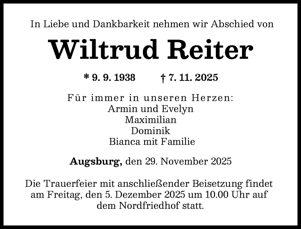  Traueranzeige für Wiltrud Reiter vom 29.11.2025 aus Augsburger Allgemeine