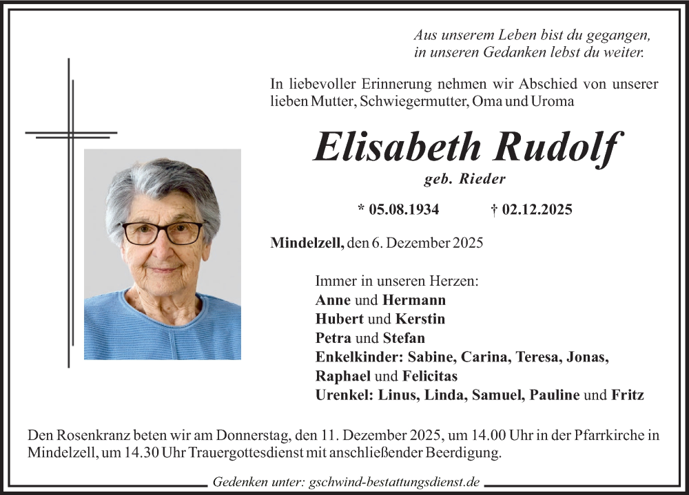 Traueranzeige von Elisabeth Rudolf von Mittelschwäbische Nachrichten