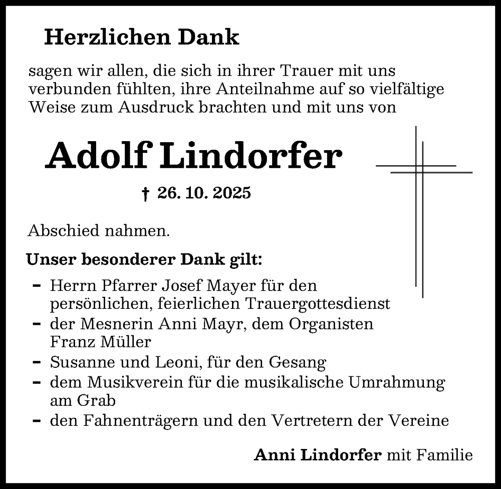 Traueranzeige von Adolf Lindorfer von Schwabmünchner Allgemeine
