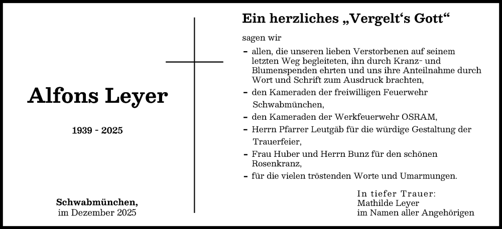 Traueranzeige von Alfons Leyer von Schwabmünchner Allgemeine