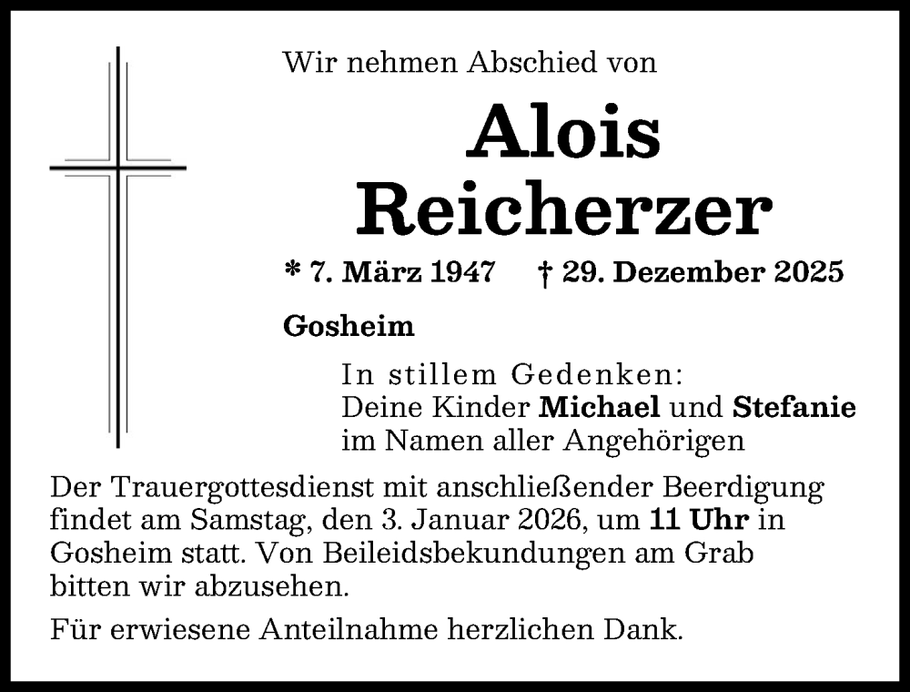 Traueranzeige von Alois Reicherzer von Donauwörther Zeitung