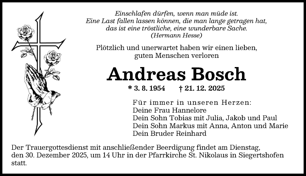 Traueranzeige von Andreas Bosch von Augsburger Allgemeine