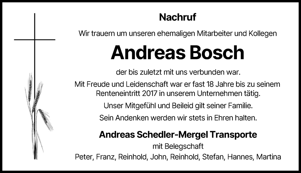 Traueranzeige von Andreas Bosch von Schwabmünchner Allgemeine