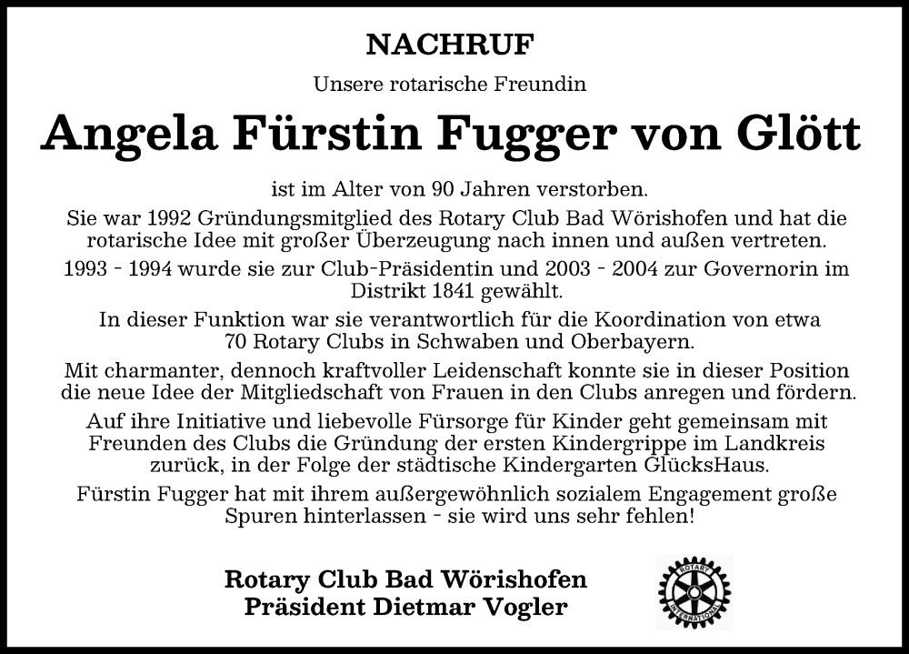 Traueranzeige von Angela Fürstin Fugger von Glött von Mindelheimer Zeitung