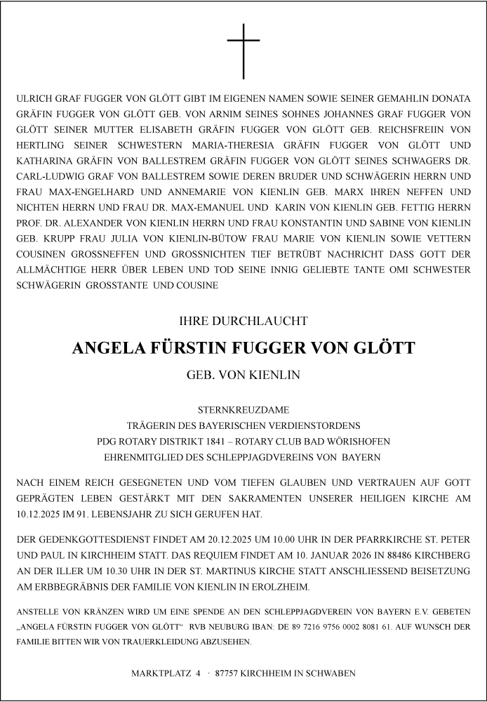 Traueranzeige von Angela Fürstin Fugger von Glött von Augsburger Allgemeine