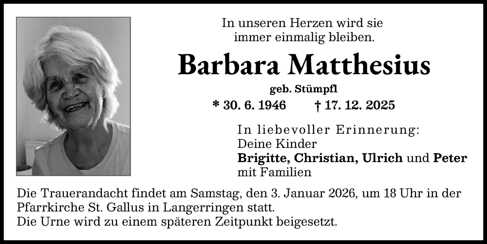 Traueranzeige von Barbara Matthesius von Schwabmünchner Allgemeine