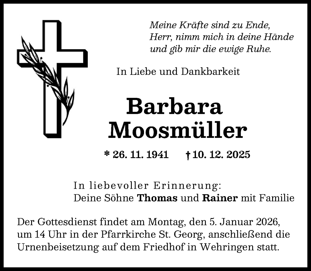 Traueranzeige von Barbara Moosmüller von Schwabmünchner Allgemeine